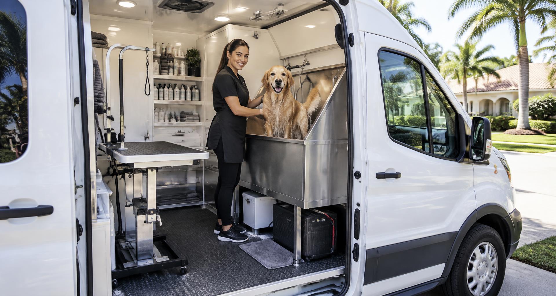 Illustrative mobile dog grooming van with onboard equipment